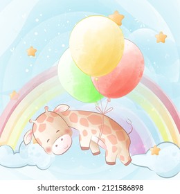 Cartoon giraffe with colorful balloons illustration