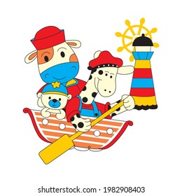 cartoon giraffe and a cow riding a boat,vector illustration