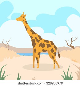 Cartoon Giraffe Desert Sand Colorful Flat Retro Vector Illustration