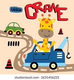 Cartoon giraffe driving blue crane truck along curved road with colorful traffic elements on light background. Children transportation concept
