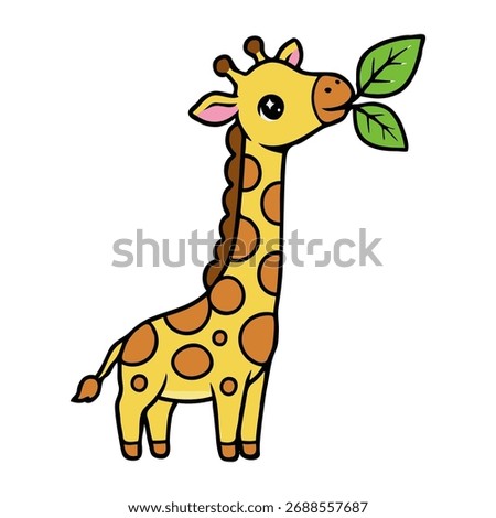 A Cartoon Giraffe Eats Leaves