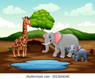 Cartoon a giraffe and elephants enjoying nature near the pond