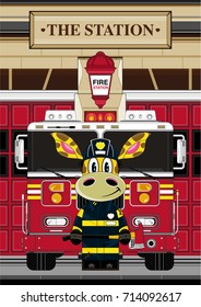 Cartoon Giraffe Fireman and Fire Engine