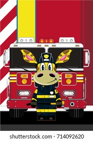 Cartoon Giraffe Fireman and Fire Engine