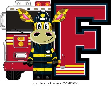 Cartoon Giraffe Fireman - Firefighter Letter F Alphabet Learning Illustration
