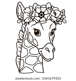 Cartoon giraffe in floral crown. Cute baby animal nursery print