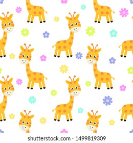 cartoon giraffe and flower seamless pattern isolated on white background. vector Illustration.