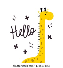 cartoon giraffe, hand drawing lettering, decor elements. colorful vector illustration for kids, flat style. Baby design for cards, t-shirt print, poster
