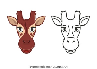 Cartoon giraffe head in color and line. Coloring book for kids