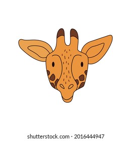 Cartoon giraffe head isolated. Colored vector illustration of a giraffe head with a stroke on a white background. Cute illustration of a cloven-hoofed animal.