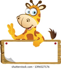 Cartoon Giraffe holding a Big Wooden Signboard Signage