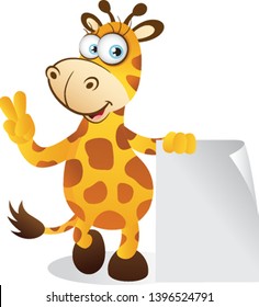 Cartoon Giraffe holding a piece of blank paper signage