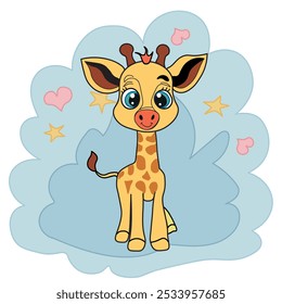 Cartoon giraffe isolated on white background. Clouds, pink hearts. Elements for various creative projects, children's designs. Vector illustration.