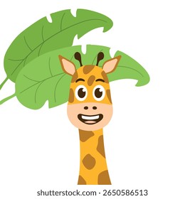 Girafa de desenho animado com sorriso alegre no fundo de grandes Folhas Tropicais. Brilhante, alegre e brincalhão animal manchado na selva para crianças temas e natureza. Estilo plano. Ilustração vetorial.