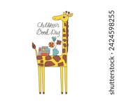 A cartoon giraffe, large stack of books, mug with flowers. Love of reading and learning concept. World children
