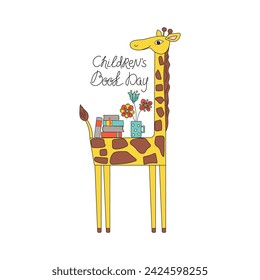 A cartoon giraffe, large stack of books, mug with flowers. Love of reading and learning concept. World children's book day. African Animal