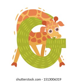Cartoon giraffe and letter G. Vector illustration on a white background.