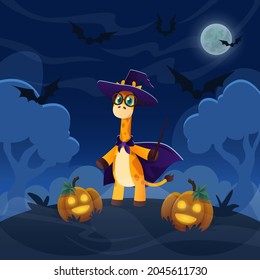 Cartoon giraffe magican standing on the hill in forest. Halloween illustration with funny pimpkin lanterns. Night sky with full moon and flying bats