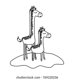 cartoon giraffe mom with calf over grass in monochrome silhouette
