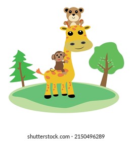 cartoon giraffe, cartoon monkey, cartoon bear together in the forest
