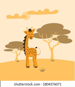 Cartoon Giraffe auf dem Hintergrund einer Wüstenlandschaft. Einfarbige, süße Giraffenfigur für Kinderdesign. Gelb-orange Farbe, Tiercharakter. Vektorgrafik-Flachstil