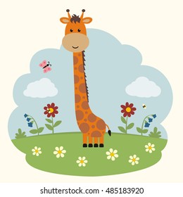 Cartoon giraffe on flowers field