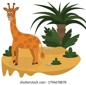 Cartoon giraffe on the safari, palm, sand, exotic plants concept vector illustration