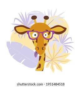 Cartoon giraffe with palm leaves. Vector illustration for print, fashion, t-shirt design