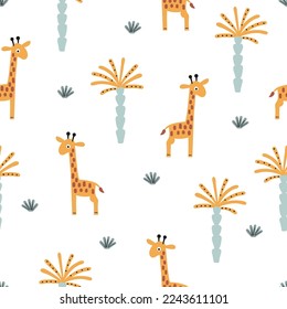Cartoon giraffe and palms pattern. Vector childish seamless illustration