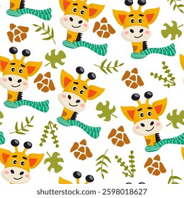 Cartoon Giraffe Pattern with Scarves and Leaves - Vector Design