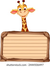 Cartoon giraffe peeking over a blank wooden sign.