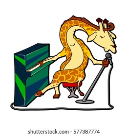 cartoon giraffe at the piano with a microphone