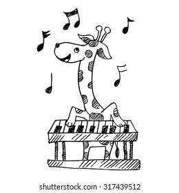 Cartoon giraffe playing a piano
