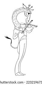 Cartoon giraffe plays the violin. Vector contour drawing for coloring. Giraffe violinist.