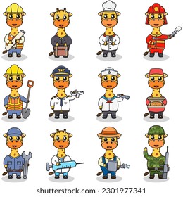 Cartoon Giraffe in professional uniform. Vector set of Giraffe different professions. Vector characters with jobs different occupation. Different jobs professionals. Isolated vector icons set