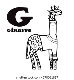 Cartoon giraffe in pullover with letter G. Part of animals alphabet. Black and white coloring page.