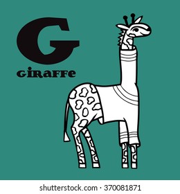 Cartoon giraffe in pullover with letter G. Part of animals alphabet. Black and white coloring page.