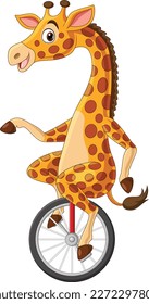 Cartoon giraffe riding one wheel bike