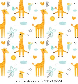 Cartoon giraffe seamless pattern background,  tropical plants, vector illustration

