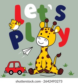 Cartoon giraffe sitting on grass with toy car, bird, and paper airplane surrounded by playful colorful text. Children illustration concept

