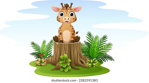 Cartoon giraffe sitting on tree stump