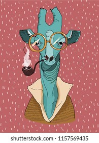 Cartoon giraffe, smoking  with a pipe in a cardigan, with glasses. Ironic look. Cozy funny winter  illustration.