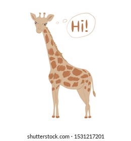 Cartoon giraffe speaks Hi! Childish tee shirt design.