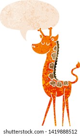 cartoon giraffe with speech bubble in grunge distressed retro textured style