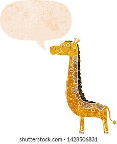 cartoon giraffe with speech bubble in grunge distressed retro textured style