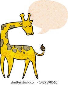 jirafa de dibujos animados con burbuja de habla en un estilo retro angustiado con textura estridente
