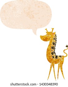 jirafa de dibujos animados con burbuja de habla en un estilo retro angustiado con textura estridente