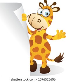 Cartoon Giraffe standing behind Blank Sign