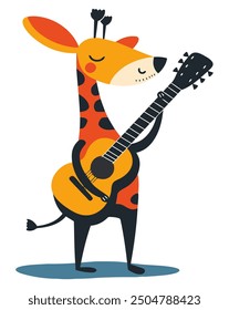 Guitarra de rasgueo de jirafa de dibujos animados con una expresión alegre | Diseño divertido y creativo | Ilustración vectorial plana