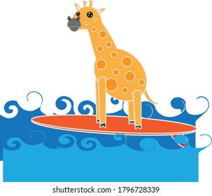 
cartoon of a giraffe surfing the ocean with flat waves